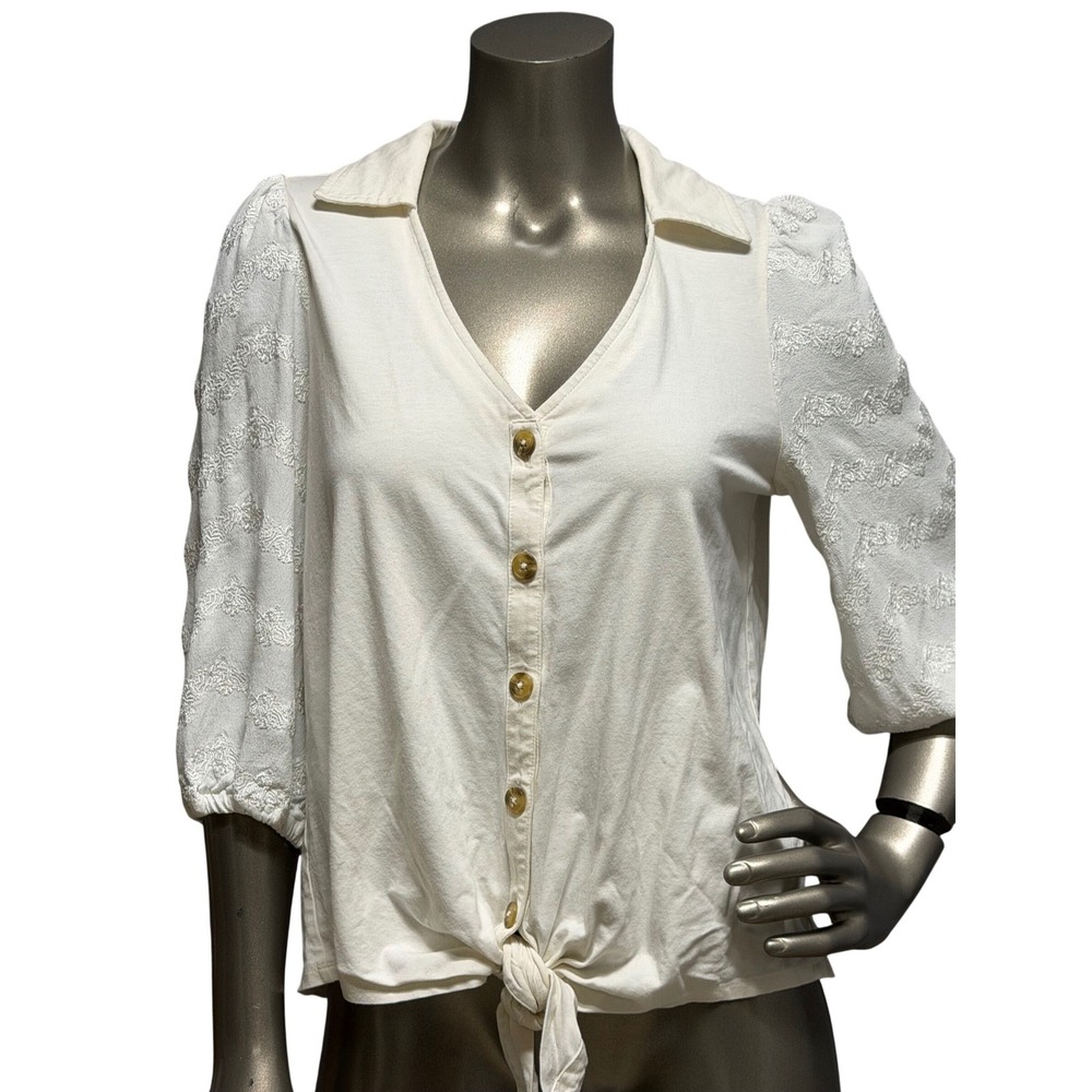 Anthropologie Saturday Sunday Ivory Embroidered Sleeve Tie Front Blouse Medium